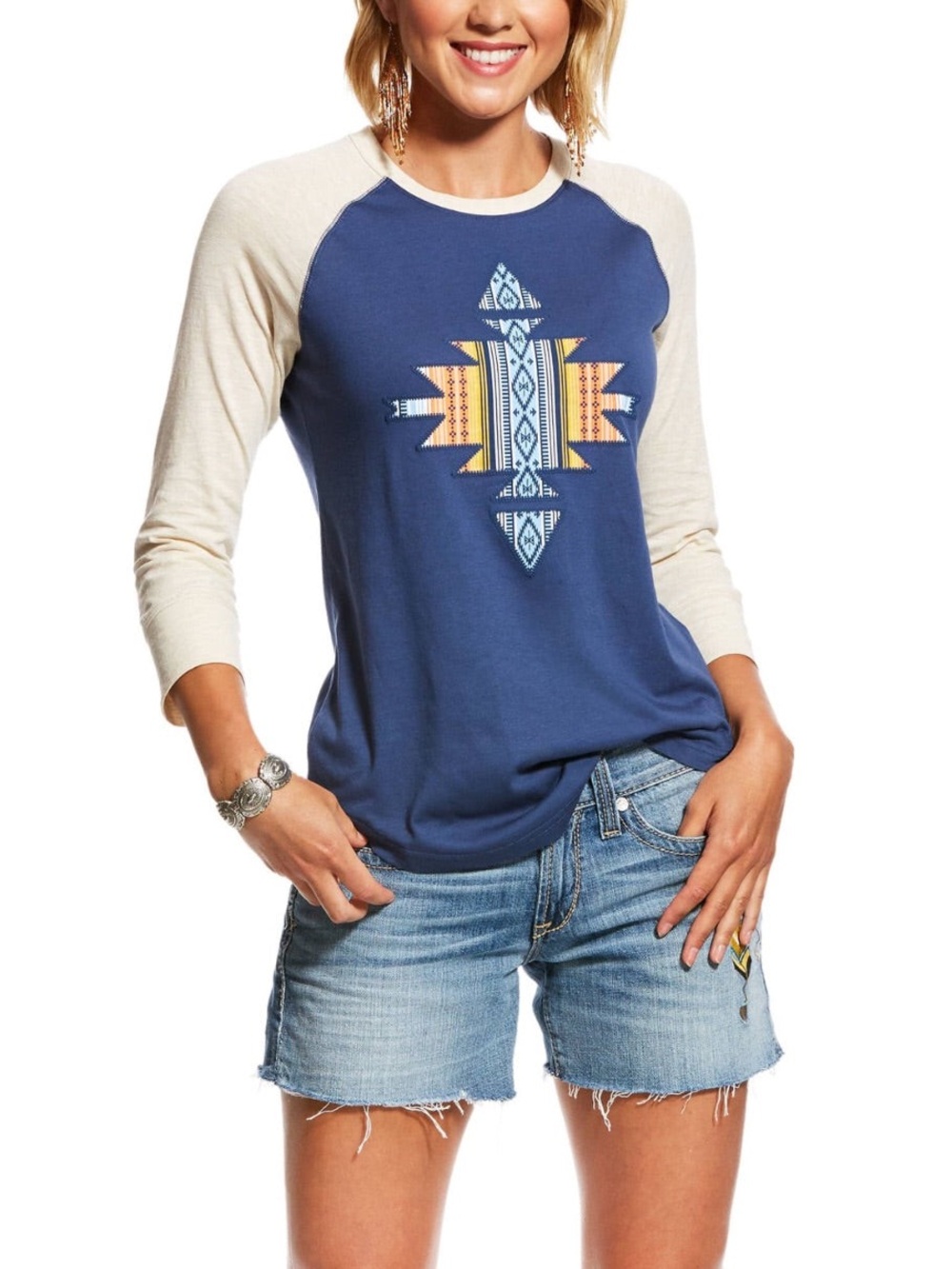 Ariat Aztec Raglan 3/4 Sleeve Tee Blue Cream Women Size XXL